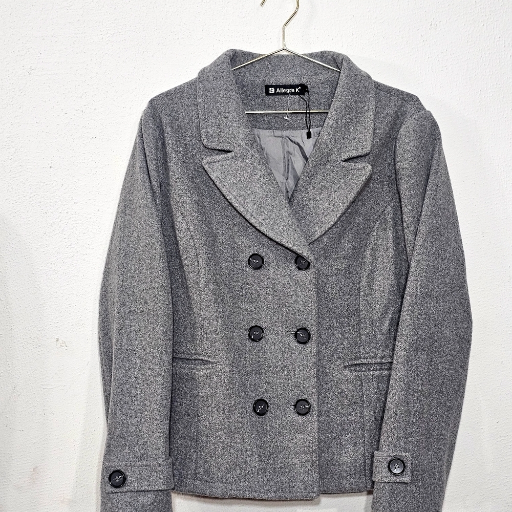 Allegra K Women's Gray Double-Breasted Coat Jacket Suit - Picture 14 of 16